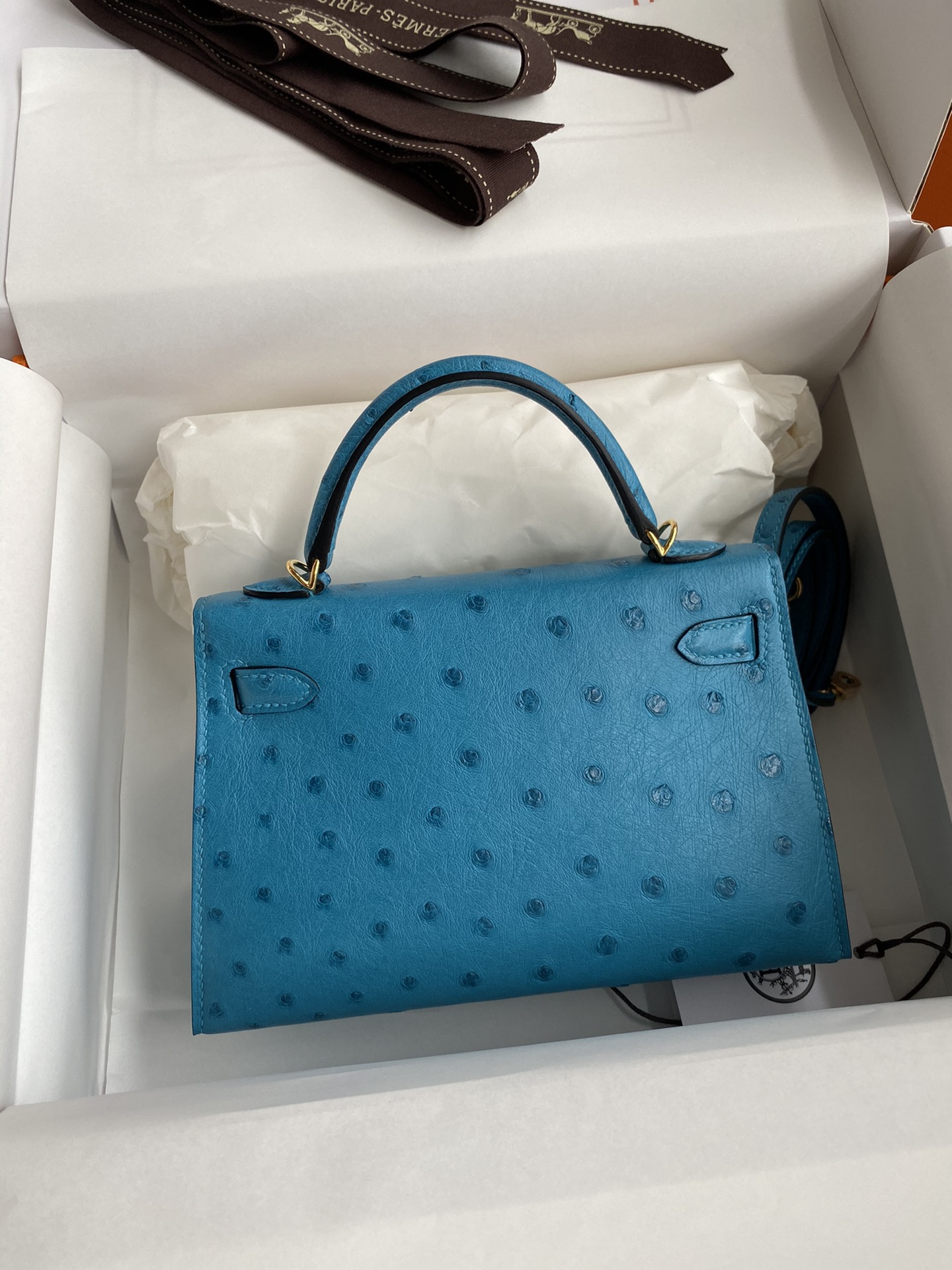 Hermes Kelly Mini II Bag 19CM In Blue Azteque Ostrich Leather